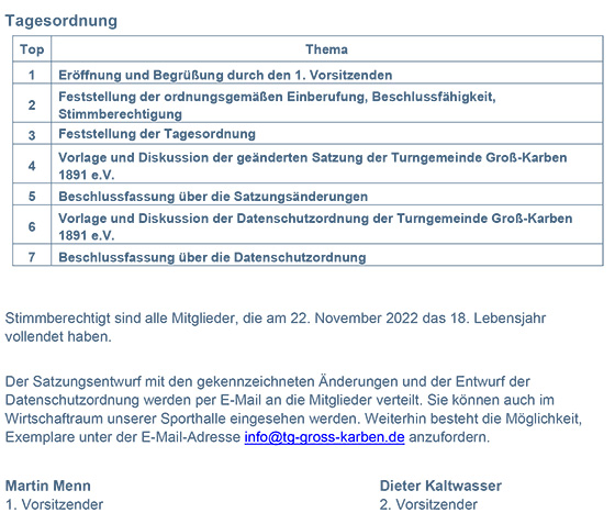 Einladung zuraußerordentlichen Mitgliederversammlung 22.11.2024